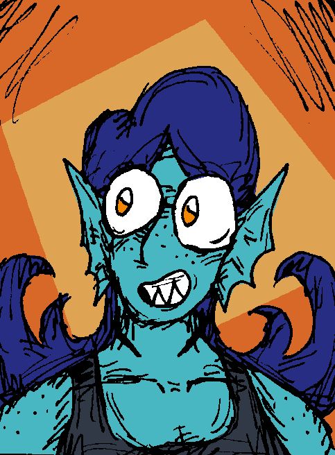 A digital drawing of my OC, Coral. She is fish-like, having teal scaly skin and fins. Her hair is a dark blue. Her orange eyes are framed with glasses and she has sharp teeth.