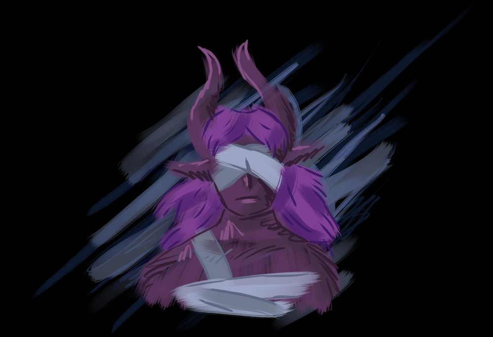 A digital painting of my OC, Lilith. She has purple hair and a dark purple skin. She wears bandages over her eyes, and she has two long horns.