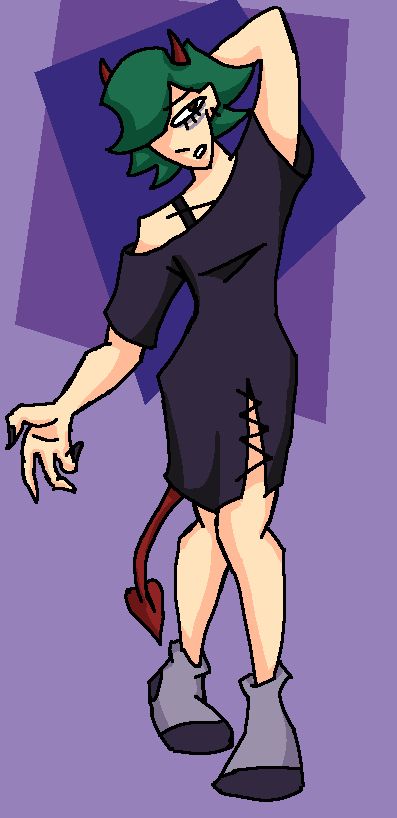 A character in a short purple dress and socks, with green hair and red horns and a tail.