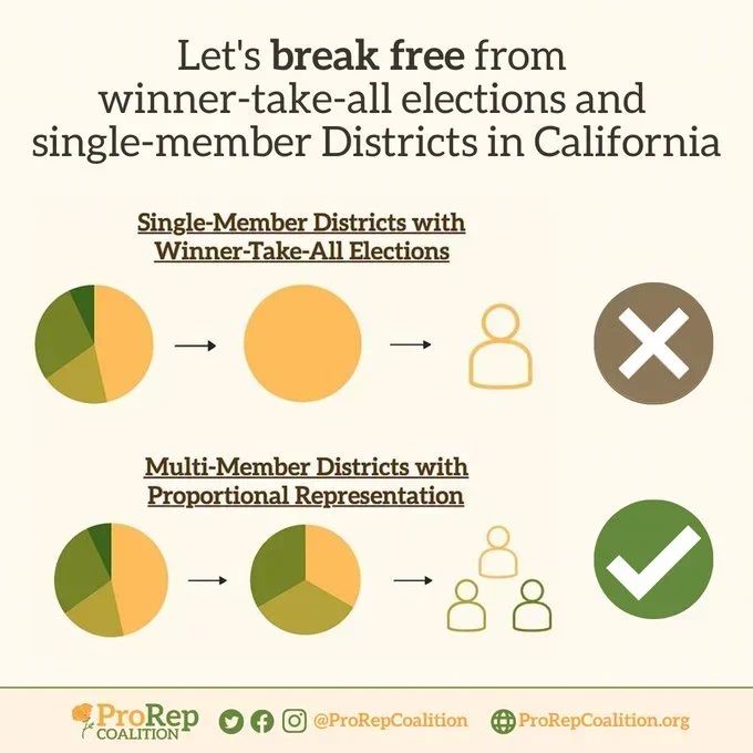 Two images. The top one illustrates the current system Single-Member Districts with Winner-Take-All Elections using a diverse pie chart with four slices becoming a single circle of the color of the largest slice, and then a person icon of that color.

The bottom image illustrates Multi-Member Districts with Proportional Representation with the same starting pie-chart that becomes a pie-chart equally divided between the largest three slices, and then three people icons of those three colors.