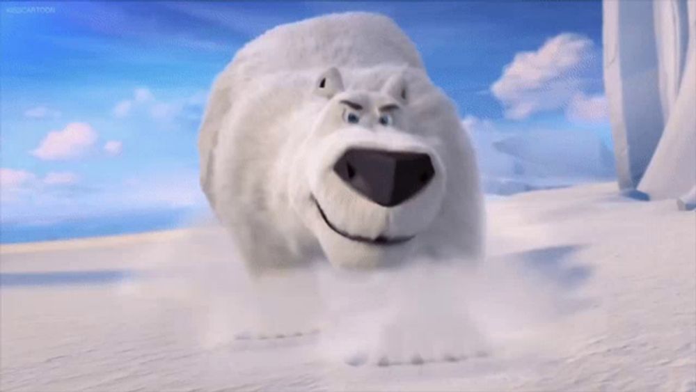 a cartoon polar bear is running in the snow with a blue sky in the background