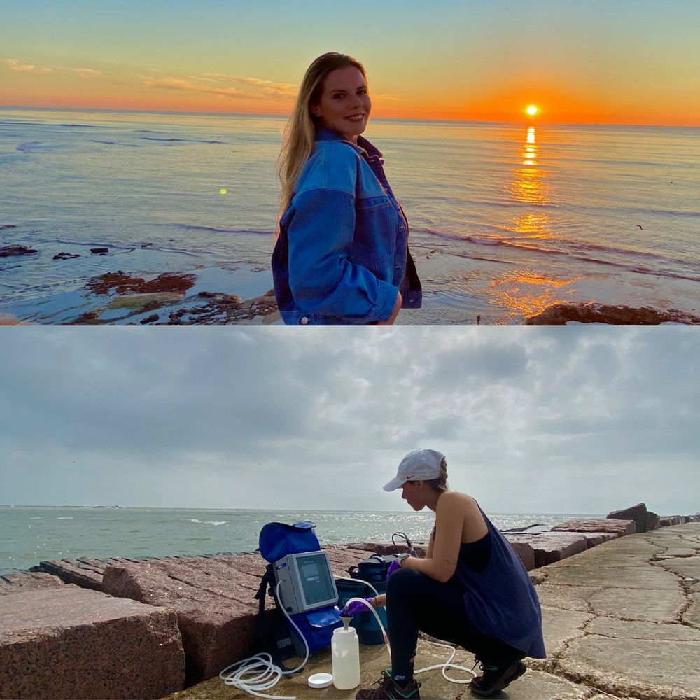 Scientist Ingrid Bunholi uses an eDNA backpack to filter seawater for analysis in one photo, and is smiling in front of the ocean in a second photo.