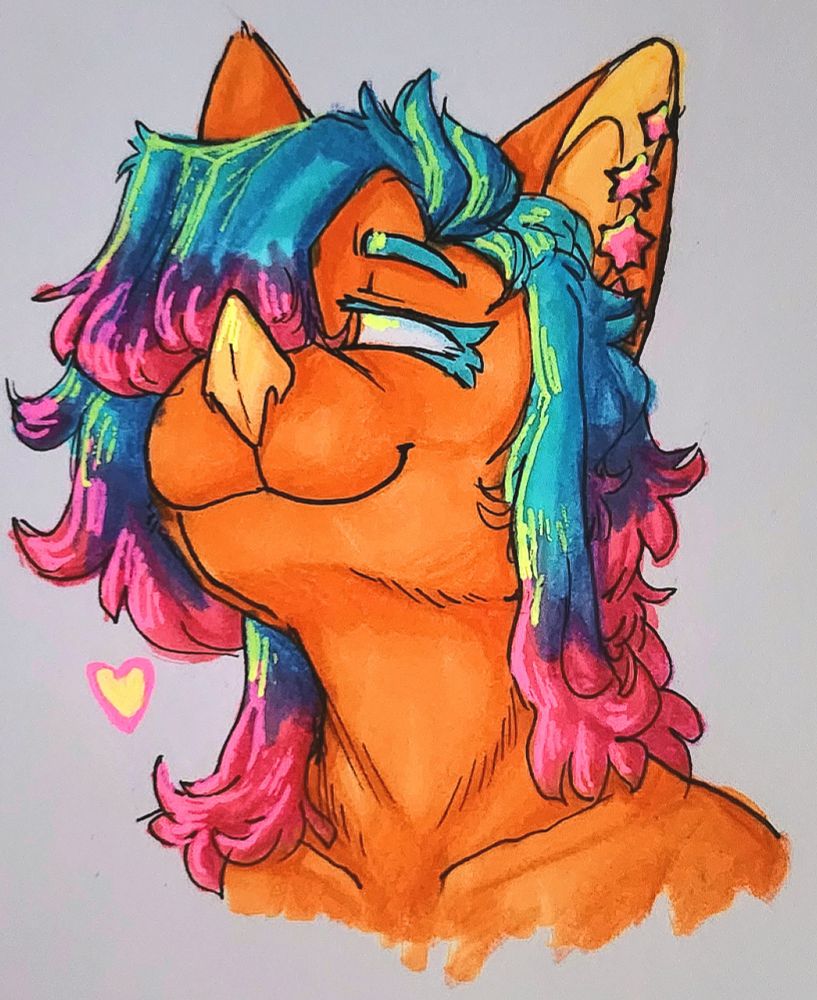 "Catherine," an anthropomorphic bat. It has orange fur with yellow skin, completely white eyes, and hair dyed cyan and pink. Its skin is visible on its pointed nose and inner ear. Her hair is cut and styled very messily, with a large bang covering the right side of her face, and the sideburns left all the way to her shoulders while the back is cropped to her neck. It is wearing four pink stud earrings in its left ear, consisting of star shapes that gain one point as they go down, starting at four and stopping at seven. She has a large smile on her face, her one visible eye squinting with its breadth.