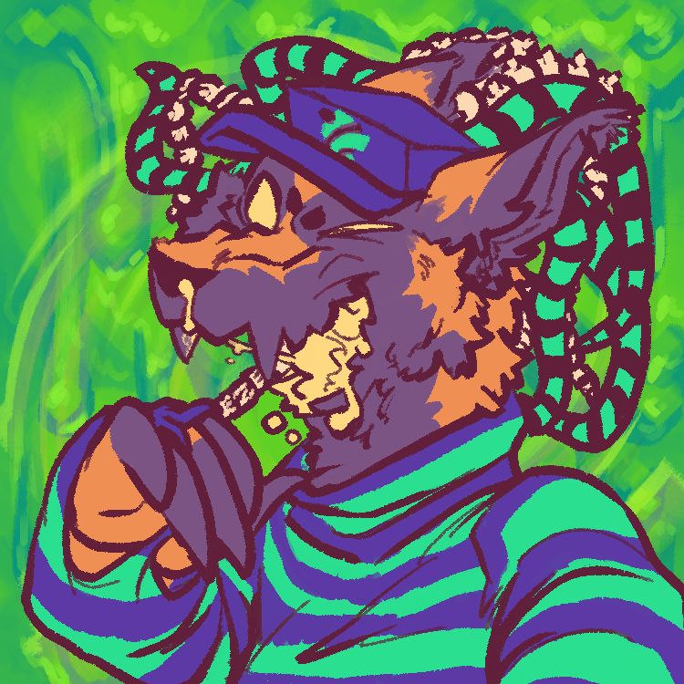 An image of Negaren. They are an purple and orange "pumpkin fox" with highly simplified features reminiscent of a jack-o-lantern, pure yellow eyes and a gooey yellow mouth, tongue blending into teeth with ooze dripping from their nose and mouth. He has a wicked grin, snout scrunching and eyebrows furrowed with his jaw open wide. They have green and black striped dreadlocks, interspersed with other dreadlocks resembling cervical vertebrae. These dreadlocks writhe around his head like tentacles. He is wearing a boxy indigo baseball cap, bearing a green cross symbol with a black snake curling around it. They are also wearing a green and indigo striped turtleneck, which has a loop in the sleeve between their middle fingers. This is visible as one hand is held up near his chest, showing off sharp purple claws constracting his orange palm in a "fingerless glove" pattern, the other arm held out of frame as if he were holding the camera. The background consists of green dripping ooze overlaid with a swirling effect. 