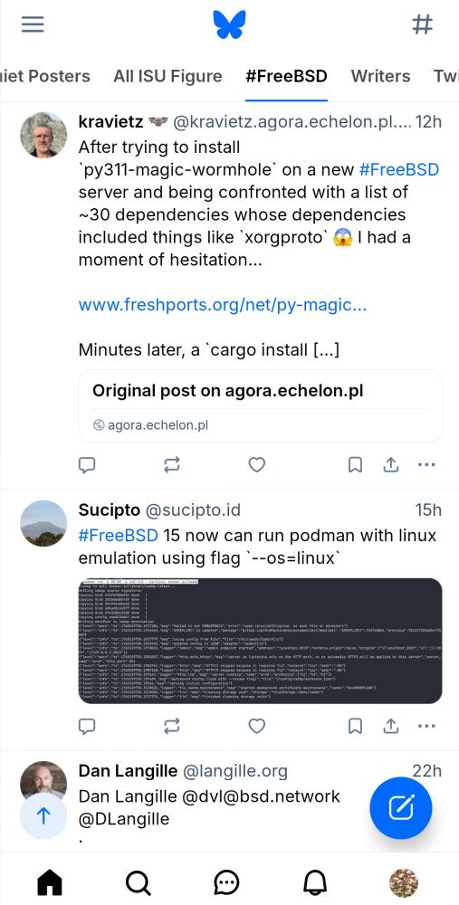 Screenshot of the Bluesky app with a "more posts available" blue arrow at bottom left
