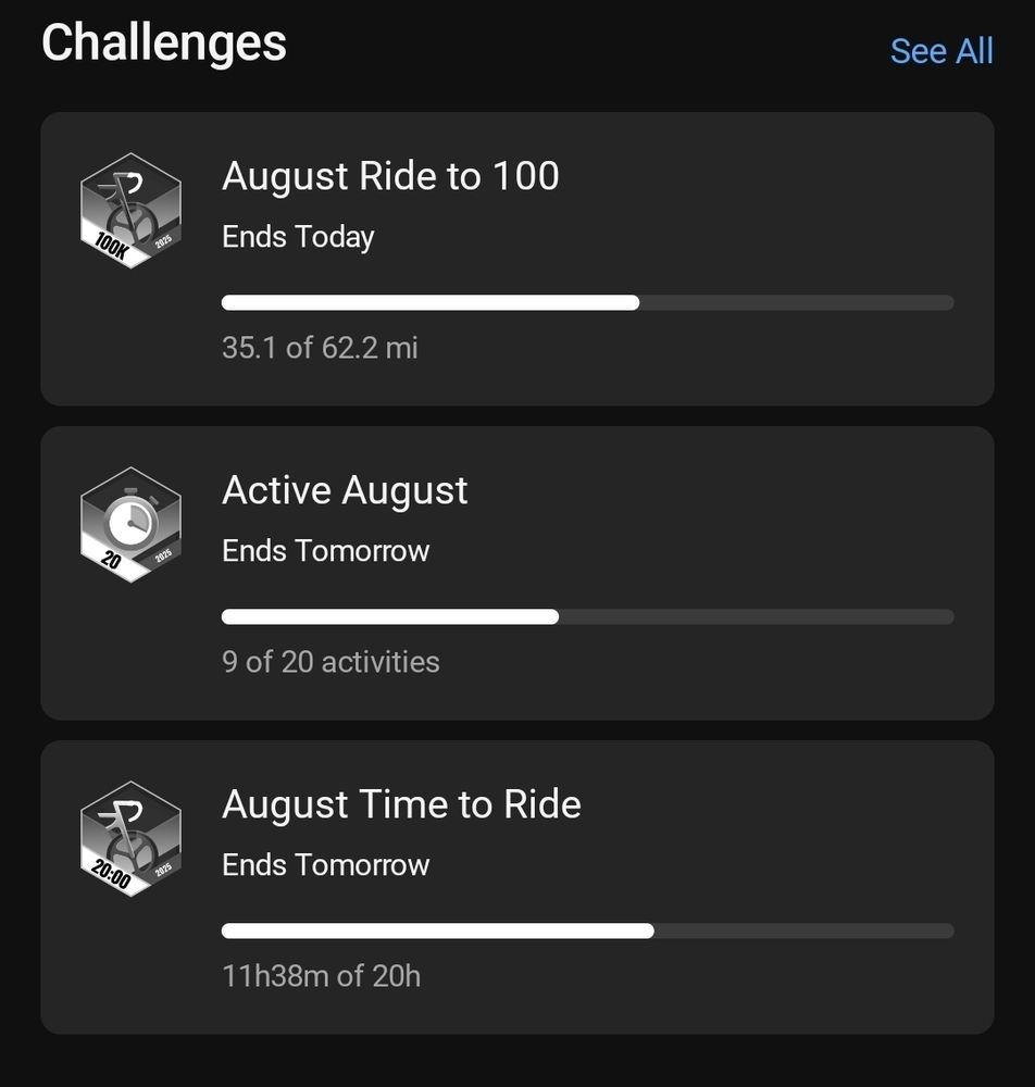 My Garmin Challenges: 35.1 of 62.2 mi (ends today), 9 of 20 activities (ends tomorrow), 11h38m of 20h (ends tomorrow)