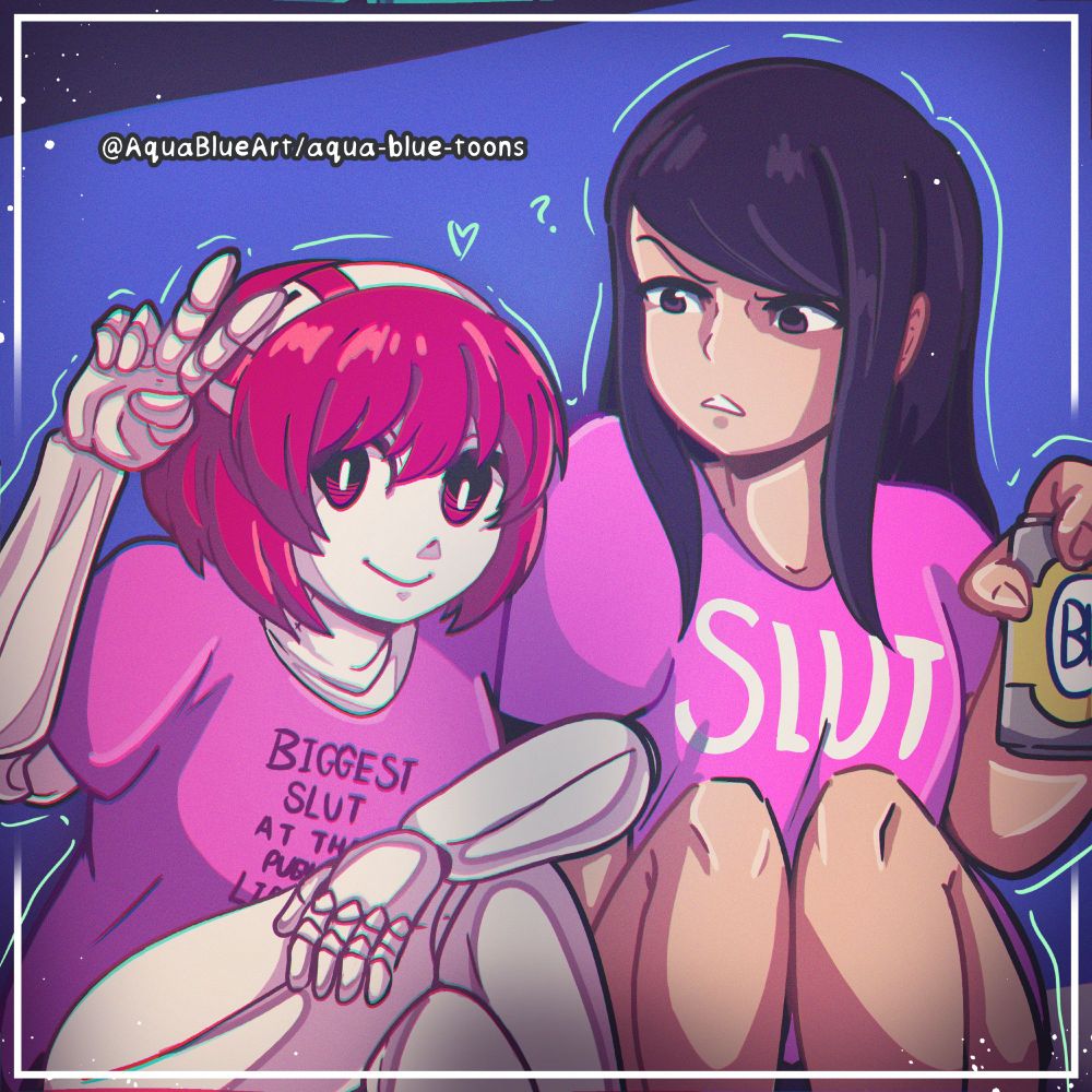 Image of Dorothy Haze and Jill wearing pink shirts, Jill has a shirt that just says slut while Dorothy's says biggest Slut at the public Library 
