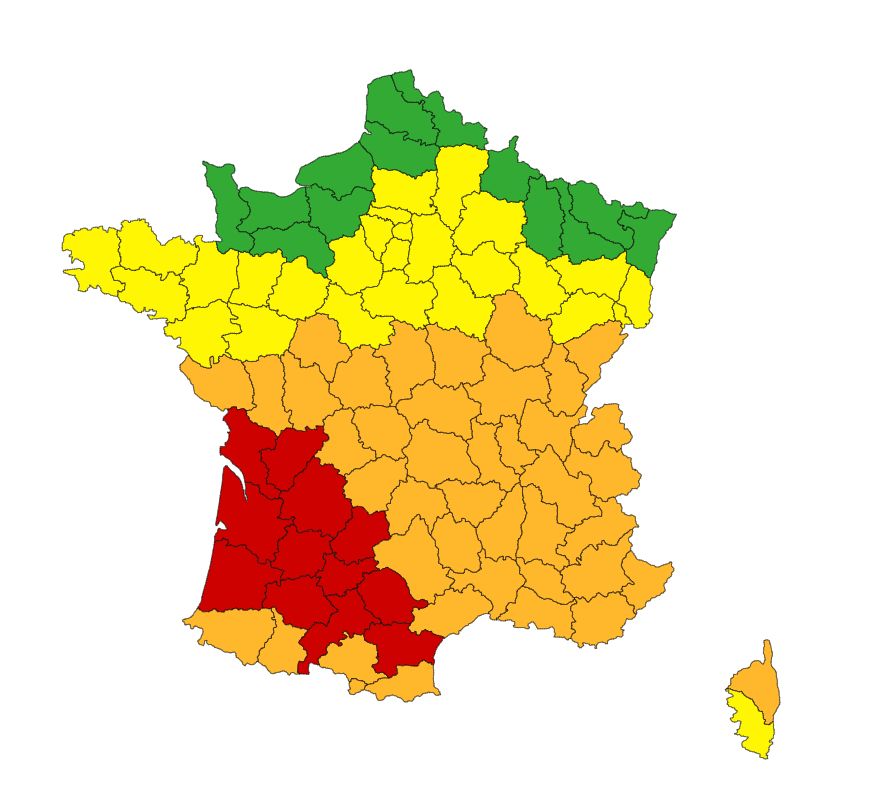 Carte de vigilance MF pour le lundi 11 août 2025. 
Voir : https://vigilance.meteofrance.fr/fr/demain