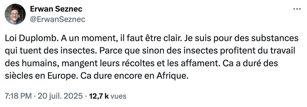 Capture d'écran d'un tweet grossier du journaliste Erwan Seznec, compère de Géraldine Woessner au sein du journal "Le Point", qui a longtemps été un repaire de climatosceptiques et est toujours un ardent défenseur des intérêts de l'agrochimie et de l'agroindustrie. 