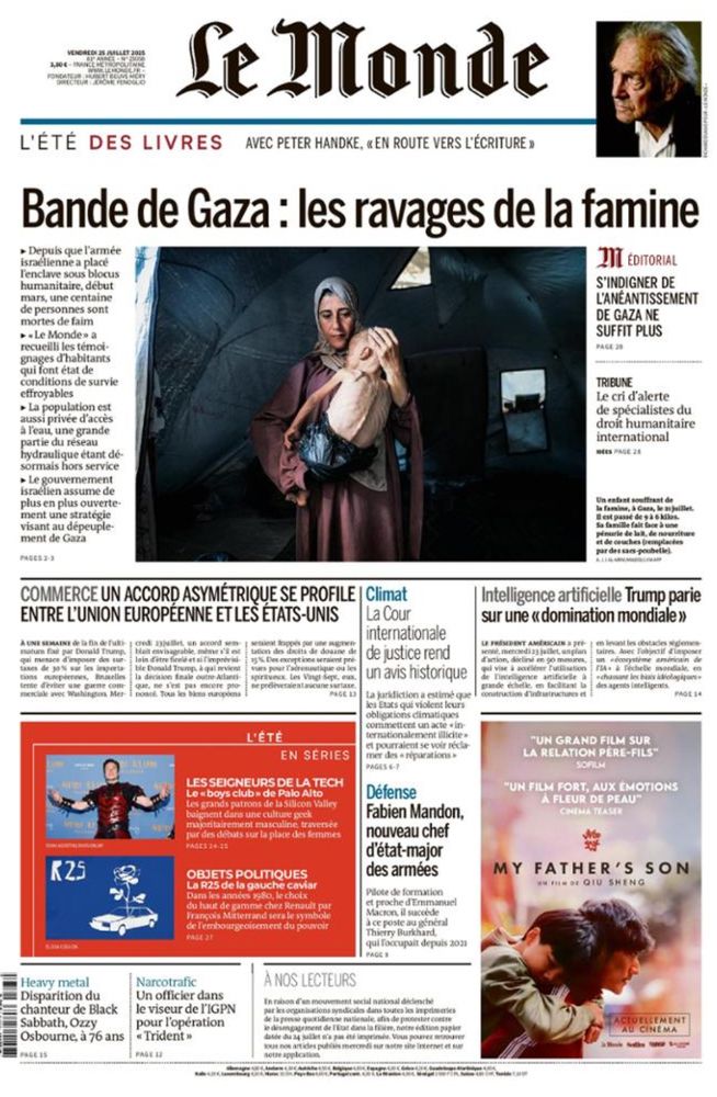 Une du journal "Le Monde", édition du 25 juillet 2025 portant sur la famine organisée par Israël à Gaza. Le titre : "Bande de Gaza : les ravages de la famine" est illustré par une photo de Muhammad, un jeune garçon de un an et demi en état de malnutrition sévère. 
