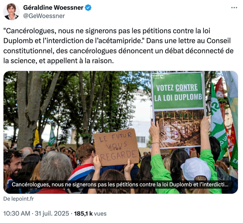 Capture d'écran d'un tweet de Géraldine Woessner, journaliste au "Point" et fervent soutien de la loi Duplomb. 