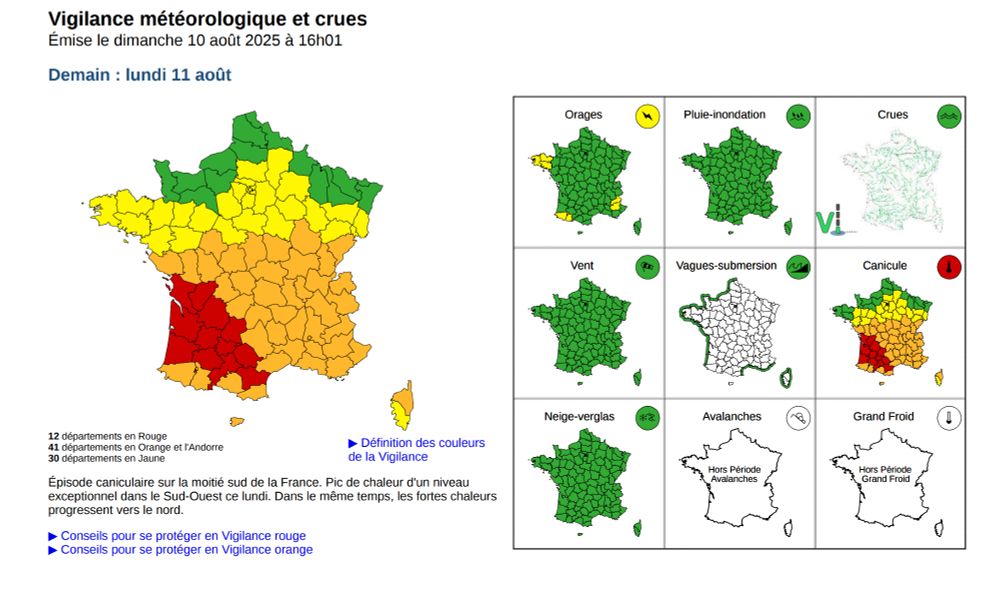 Carte de vigilance Météo-France pour la journée du lundi 11 août 2025. 