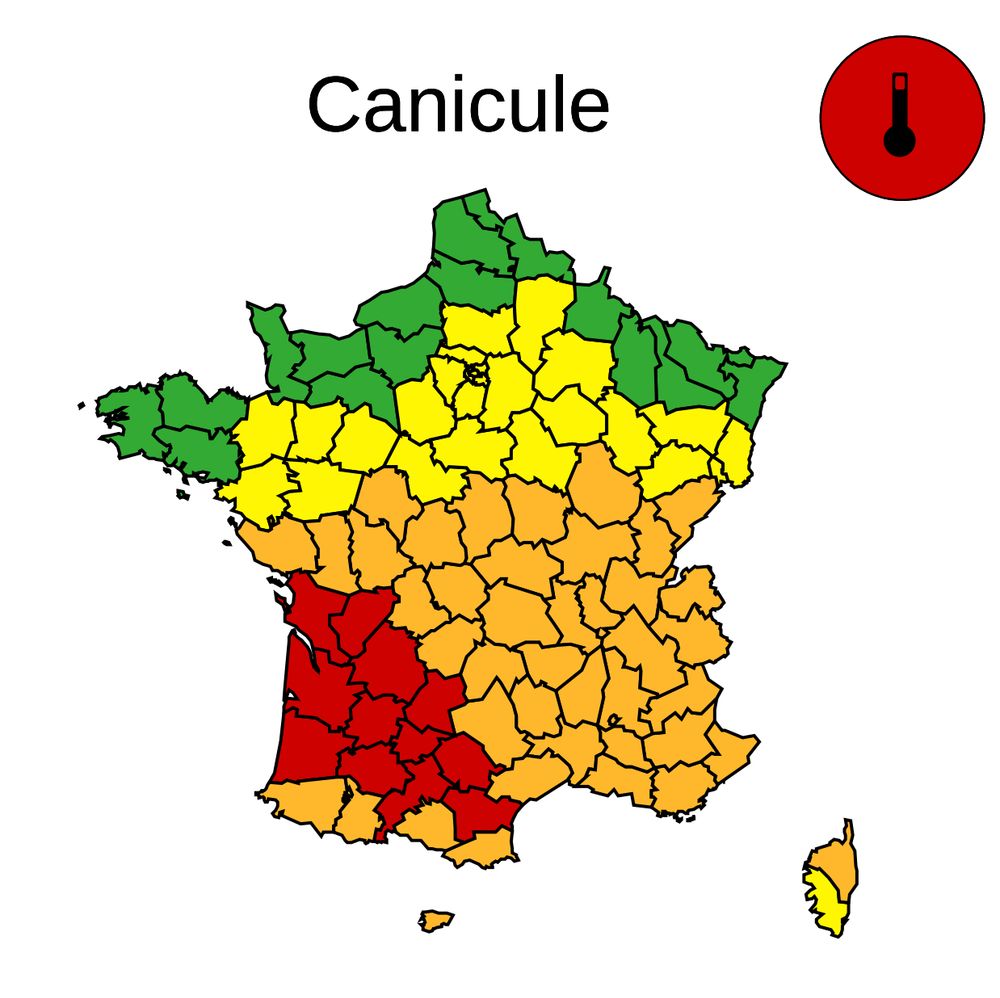 Carte extraite du bulletin de vigilance de Météo-France pour la journée du lundi 11 août 2025. Sur cette carte de vigilance canicule, 12 départements sont en rouge, 41 (+ Andorre) en orange et 27 en jaune. 
