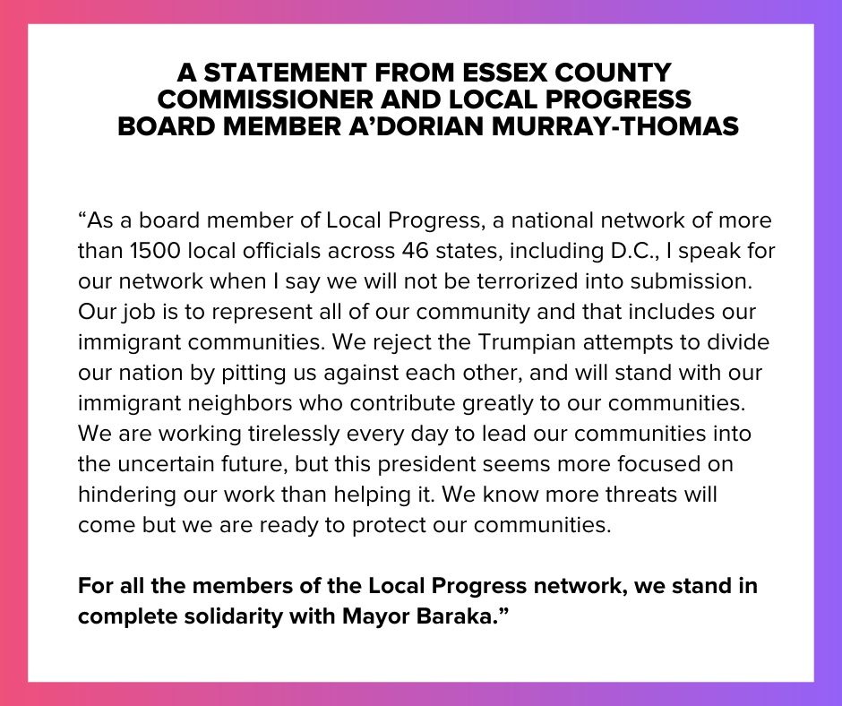A white text box with a colorful outline. The statement is about a mayor in Newark that was arrested by ICE.