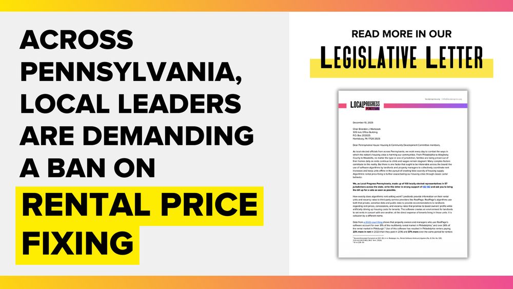 A colorful graphic with a screenshot of a legislative letter sent by LP PA members to the state demanding a ban on Algorithmic Rental Price Fixing