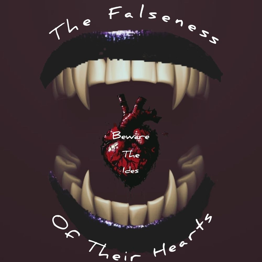 [Image shows an open mouth with vampire fangs, the lips are coated in black lipstick. Above and below the mouth are the words "The Falseness Of Their Hearts" curved downwards and upwards. There is an anatomically correct heart inside the mouth, the words "beware the Ides" written on the heart]