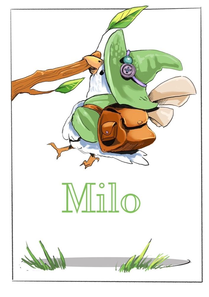 Image of a small bird character wearing a hat a backpack two maps and a cloak hanging from his beak from one branch above the ground that has grass and a shadow between the bird character's feet and the grass there is a word, Milo, which is the bird's name. His hat and cloak are green, his backpack is a light brown, and the background is white.