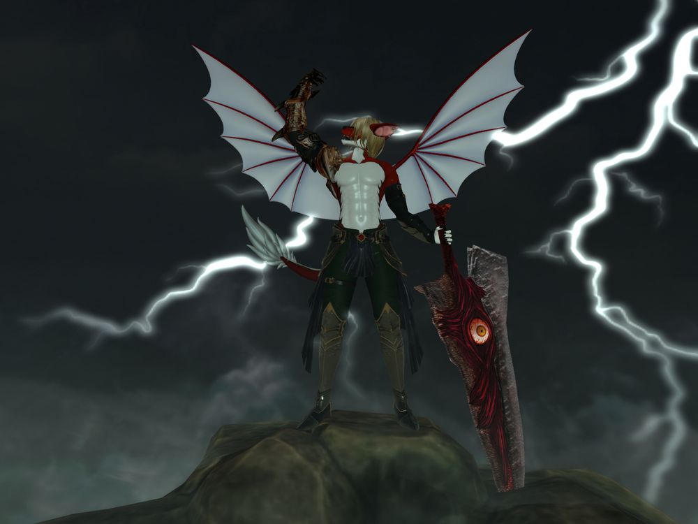 Picture of my dragon SL avi cosplayed as Nightmare (Player 2 costume) from Soul Calibur II, on the top of a cliff and holding Soul Edge