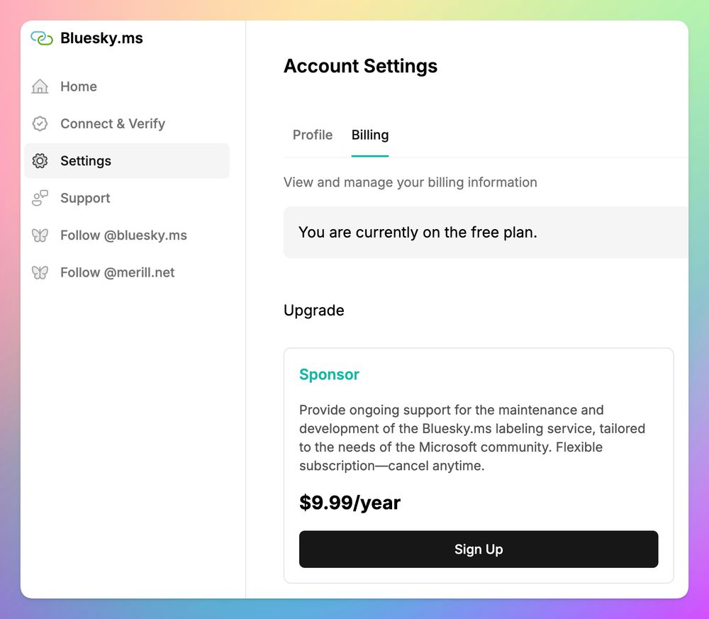 Screenshot of the Billing page where you can sign up to sponsor bluesky.ms for $9.99/year