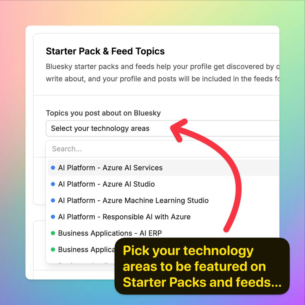 Screenshot showing the Starter Pack & Feed Topics form with the drop down expanded where topics can be searched on and selected.