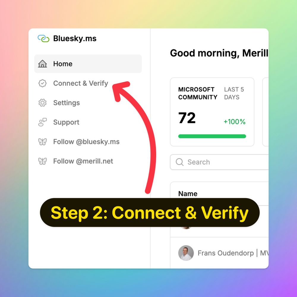 Screenshot of the bluesky.ms home page after you sign in.

Shows the left hand navigation with an arrow pointing to the 'Connect & Verify' menu option with the label saying 'Step 2: Connect & Verify'
