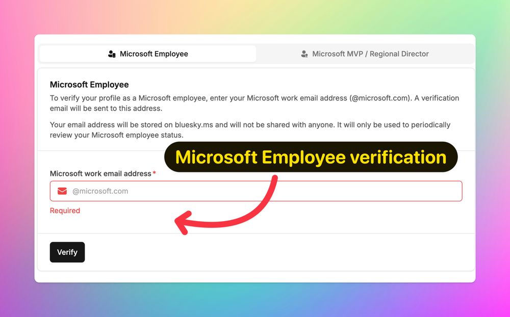 Screenshot of the Microsoft employee verification form with an arrow pointing to the Microsoft work email address text box.
The form also shows a Verify button.
