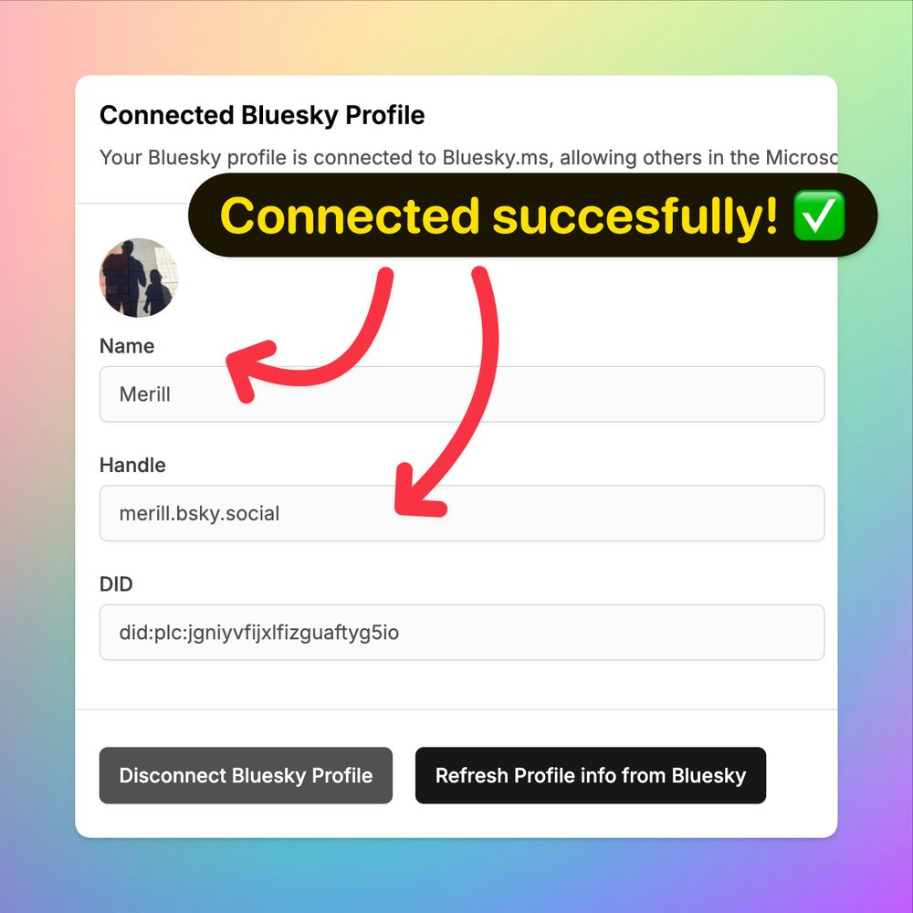 Screenshot showing the form after being successfully connected to Bluesky.

The form shows a profile picture along with the Bluesky handle and DID filled in.

