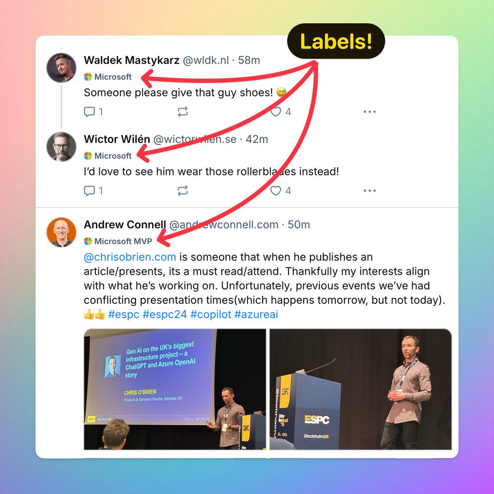 Screenshot of a thread from Bluesky with the Microsoft label shown against the authors that have been verified. 