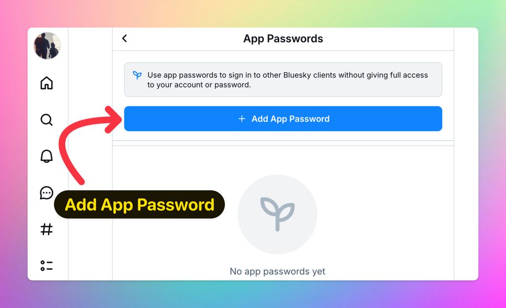 Screenshot of Add App Password page with an arrow pointing to the 'Add App Password' button