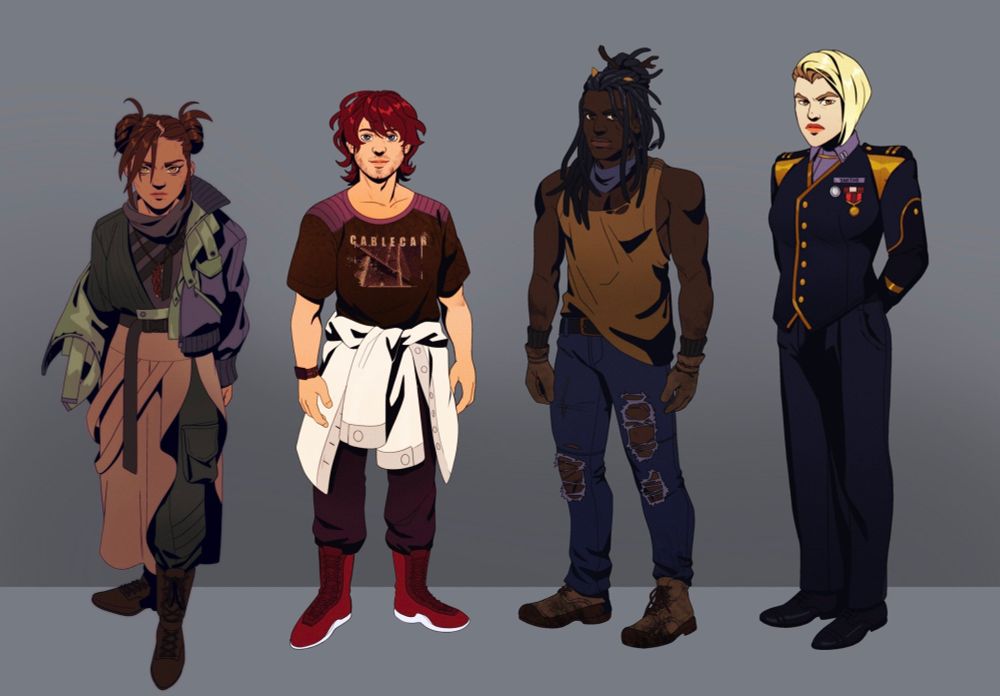 characters from Satan is an Astronaut standing like they're in a lineup.