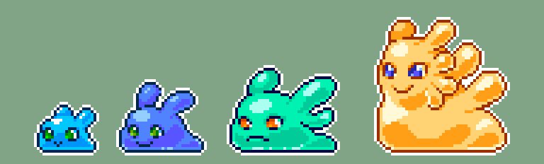 A line up of slimes that have little ears. The smallest are blue, and as they get bigger they go green then yellow.
