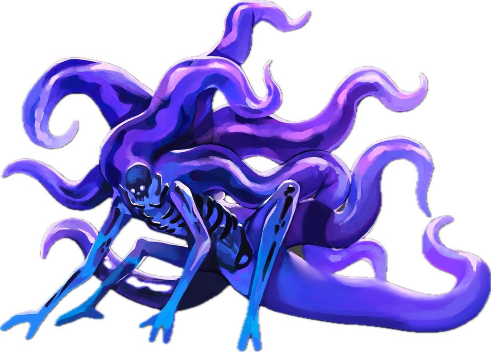 A purple see translucent monster with tentacles coming from its back. Inside there is a shattered human skeleton. It has limbs similar to a chameleon.
