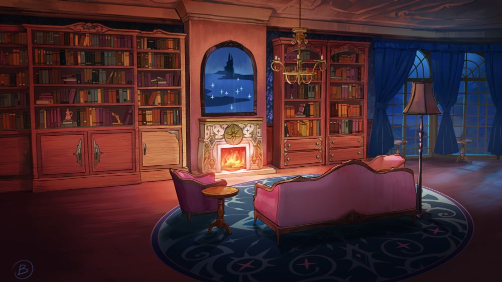 Background for The Celestial Waltz of a painting of a cozy library and sitting room at night with a fire place casting a warm glow over the room. (Art not done by me)
