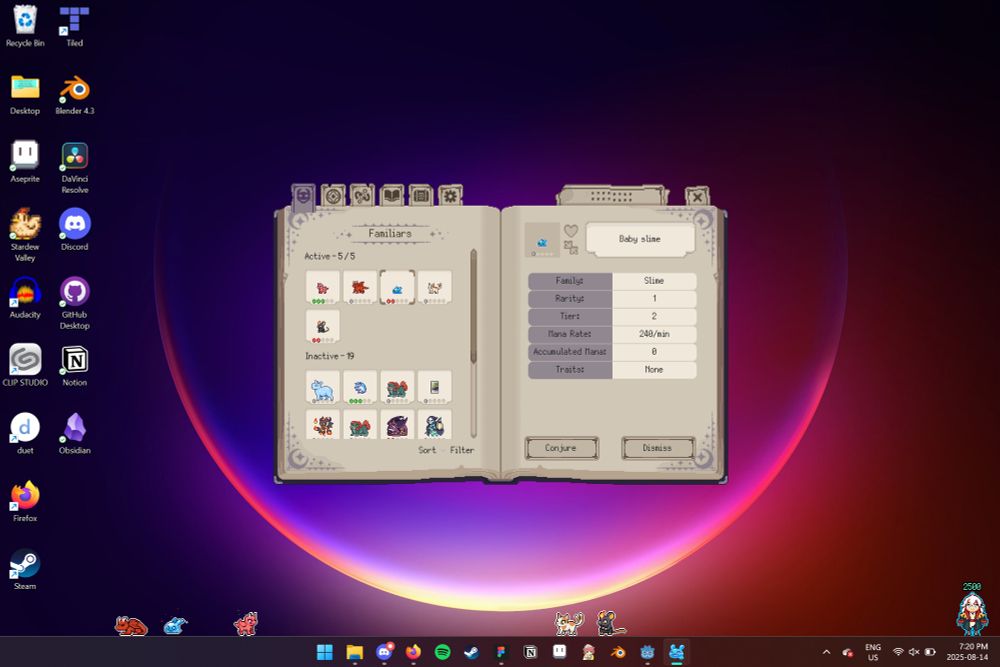 Screen shot of Familiar Findings showing off the familiars wondering above the task bar and the Grimoire UI of the menu.