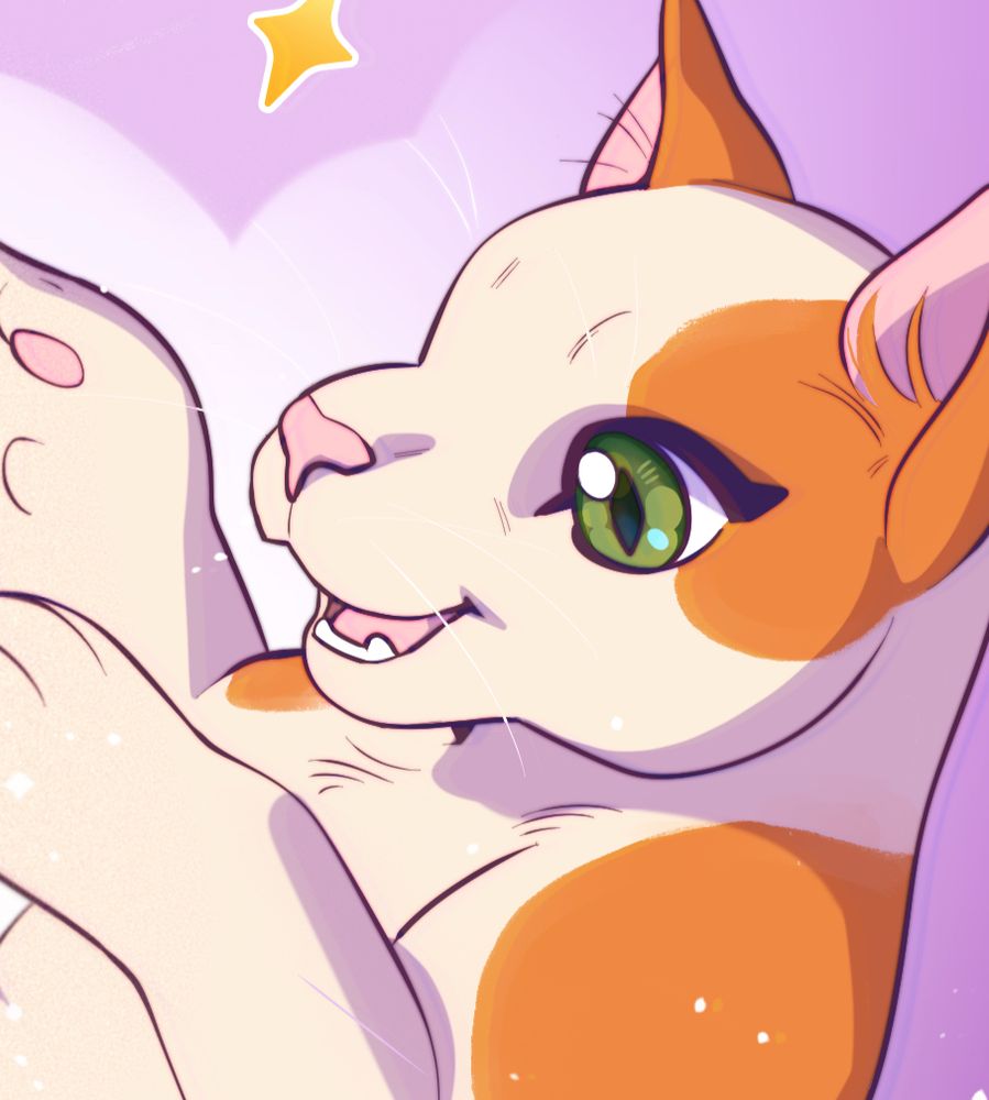 A smiling cat with green eyes and white and orange fur. 