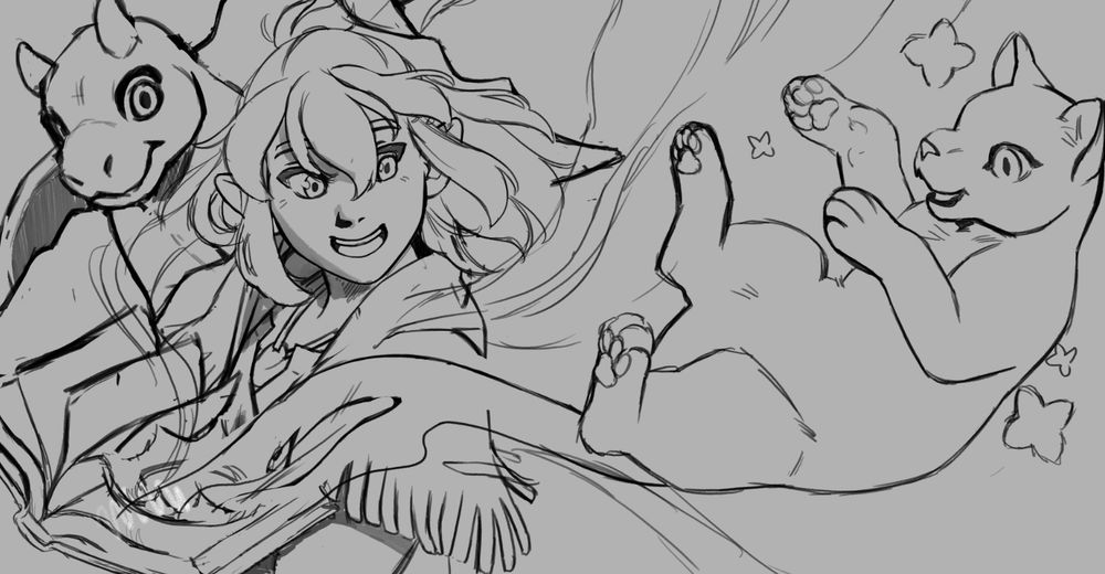 Sketch of Avia holding her grimoire to the left with a baby dragon peeking over her left shoulder and a new cat-like familiar coming out of the book.