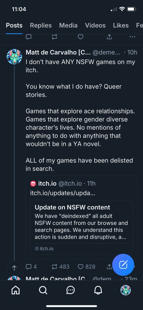 I don’t have any NSFW games on my itch.

You know what I do have? Queer stories.

Games that explore ace relationships. Games that explore gender diversity character’s lives. No mentions of anything to do with anything that wouldn’t be in a YA novel.

All of my games have been delisted in Search.
