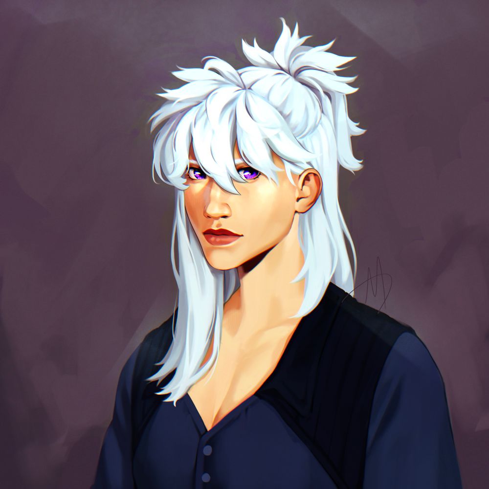 A digitally painted bust of a woman with white skin and purple eyes wearing a dark button up shirt. She’s got messy bangs and her white hair is half tied up in a ponytail.