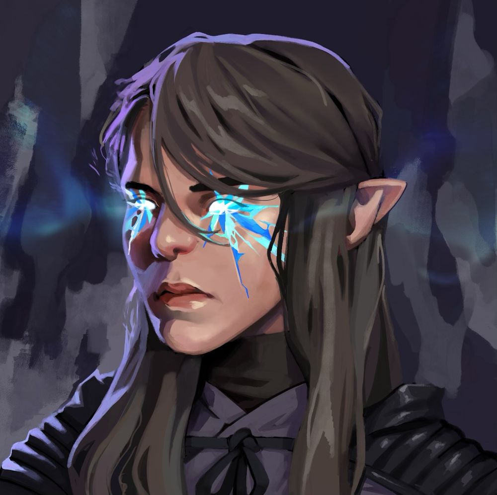 A face of a character. She has a shattered pattern of blue that explode from her eyes.