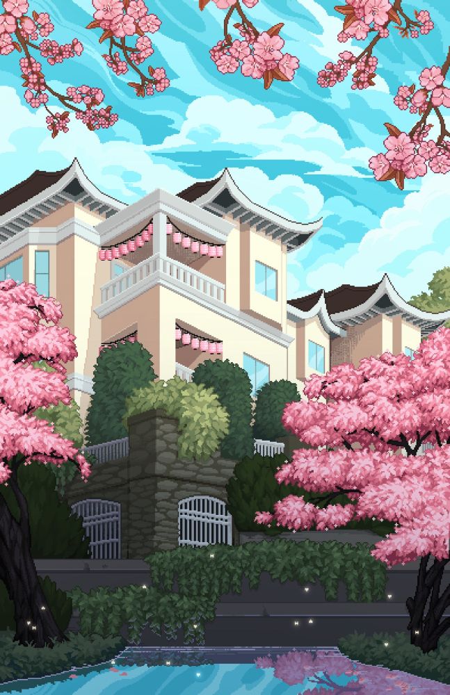 Pixel Art of a fantasy-like apartment building with a peaked roof and darkened garden with cherry blossoms.