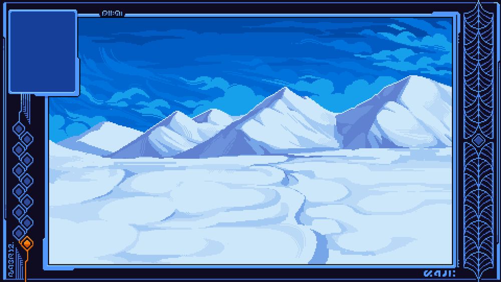 A game wrap UI that is light blue and black with a background of snowy mountains against a blue sky. It’s done in pixel art.