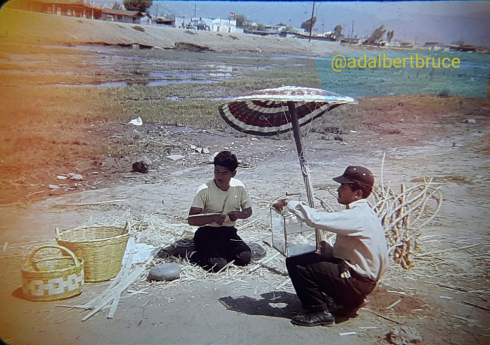 Two basket weavers, both men hunkering down by a low river in Ensenada, Mexico. With white buildings on the skyline. Parental slide photo. - JBF 