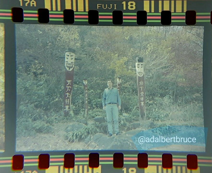 Me in blue shirt, standing in dense fauna, and by grimacing Korean spirit posts. -JBF 