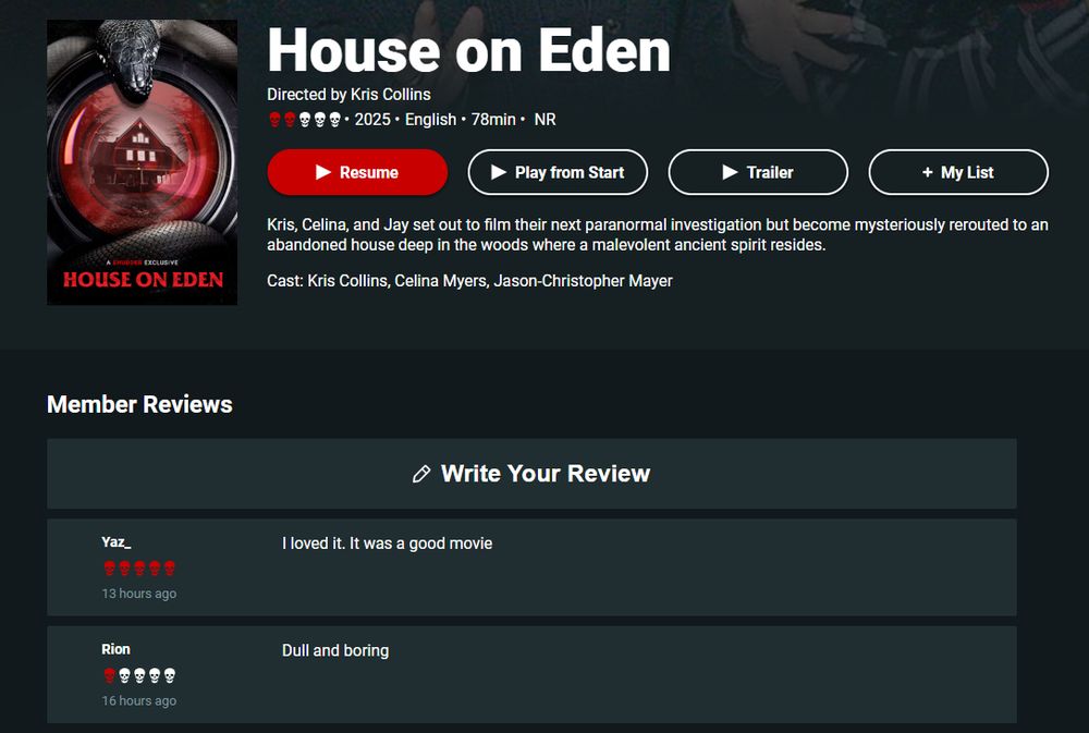 The first review on Shudder for the film "House on Eden" gives five skulls, reading: "I loved it. It was a good movie." The review immediately beneath gives one skull and reads: "Dull and boring"