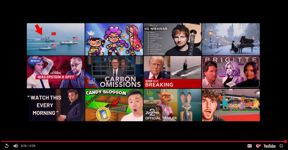 An array of irrelevant YouTube thumbnails including two gaming thumbnails with men reacting to some screenshot with an open jaw, several political videos, an Ed Sheeran playlist (I can't name a single one of his songs) and a trailer for Zootopia 2 (I haven't even seen the first one and don't watch 3D animations at all). Where are they getting this information