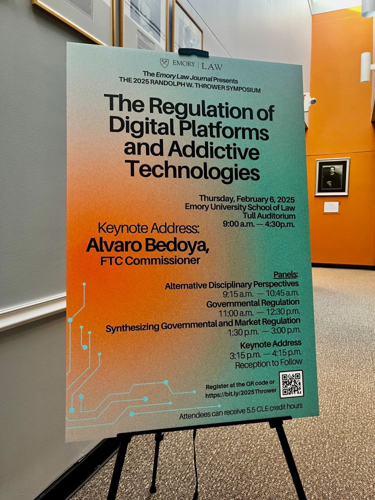 The poster for the Emory Law Journal Thrower Symposium, entitled "The Regulation of Digital Platforms and Addictive Technologies."