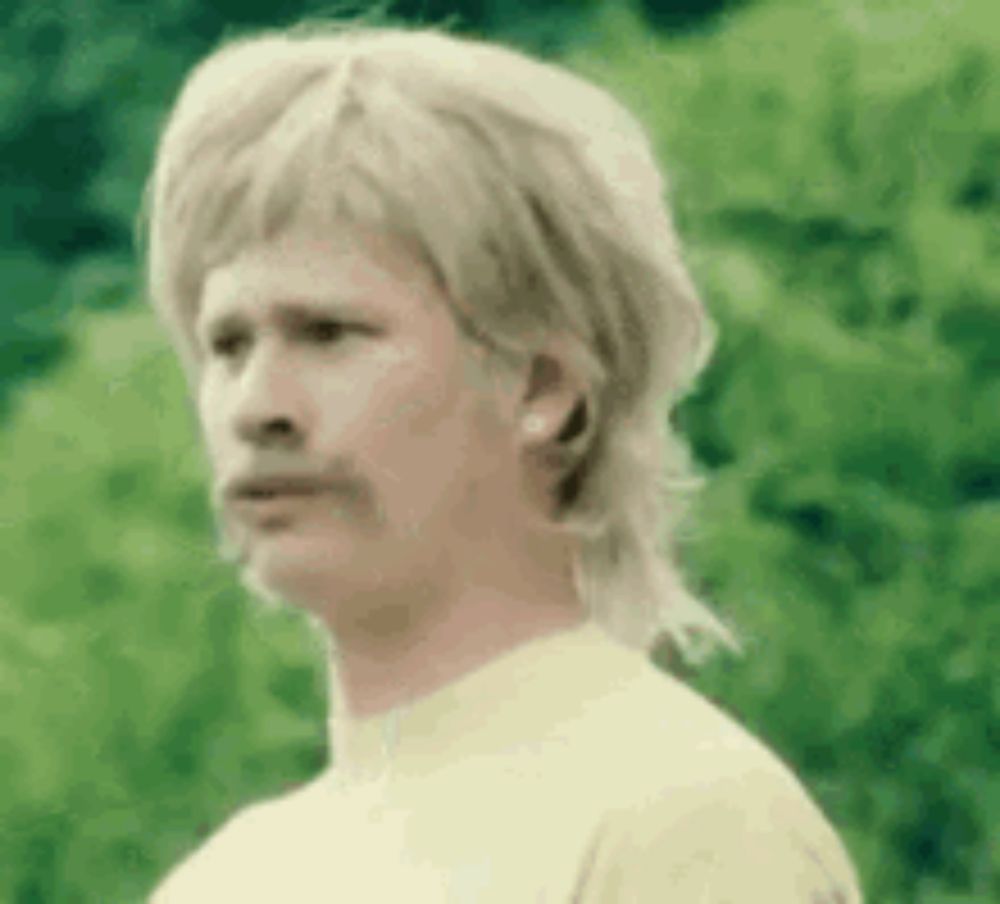 a man with a mullet and a mustache is wearing a wig and making a funny face .