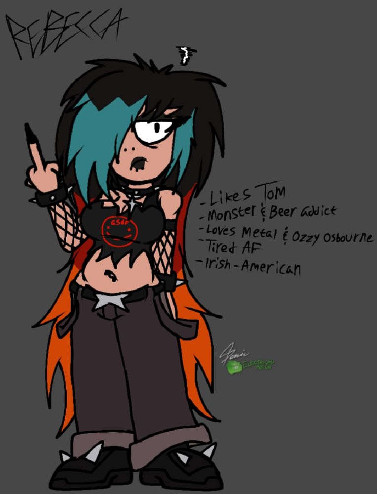 a drawing of Rebecca in an Eddsworld like style with information.

- Likes Tom
- Monster & Beer addict
- Loves metal & Ozzy Osbourne
- Tired AF
- Irish-American