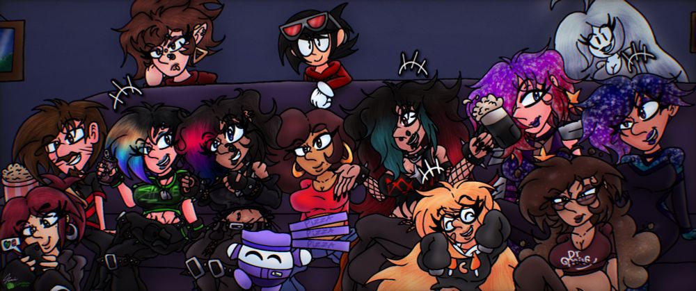 a mega piece featuring the core cast with ocs from mutuals participating in movie night.

OCs featured in the piece:
Garrie
Gigi (9r9ia's OC)
Xavier (lxrrylxver101's OC)
Neon
Camila
Pizza Boi (Brett34's OC)
Azul (Azul_Yellow's OC)
JDog (Jdog's OC)
Rebecca
Cammy (Cam's OC)
Alita
Harlee (DigitalCaptain's OC)
Dr Peppress
Cosmo