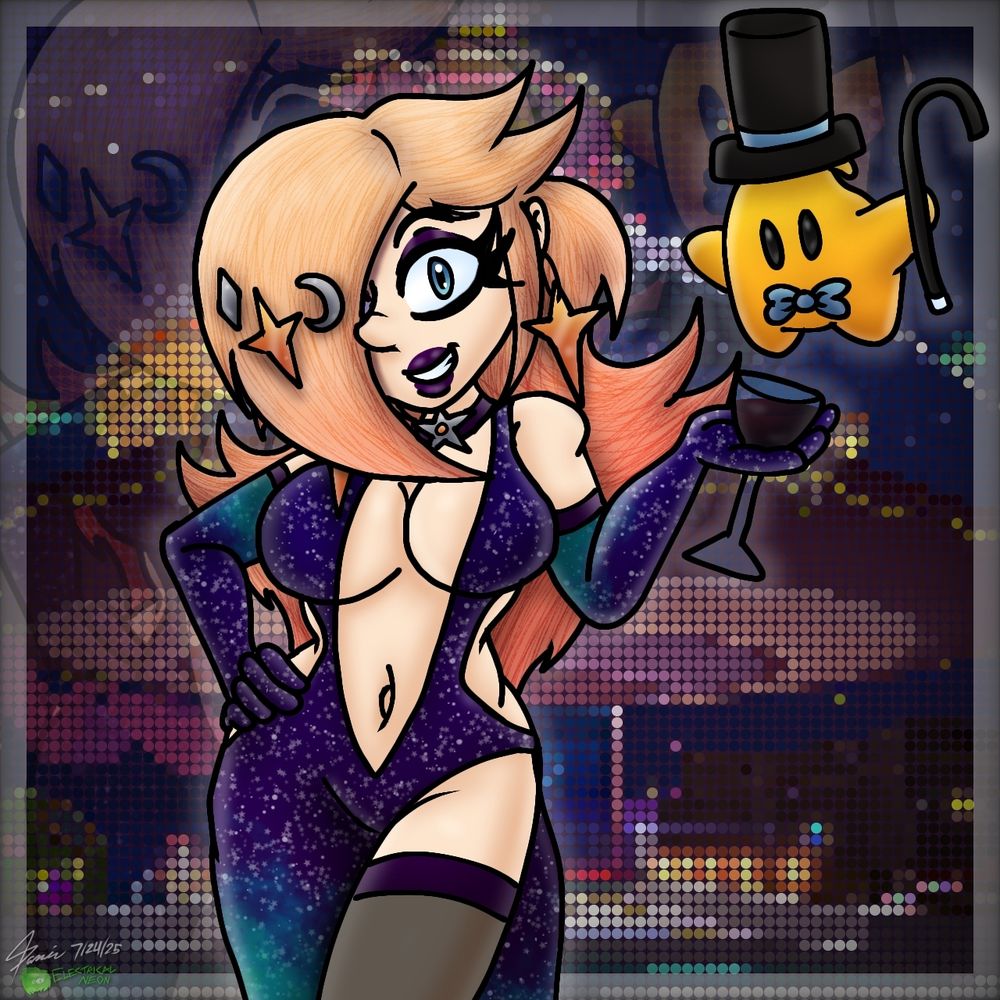 a drawing of Rosalina and Luma in the Galactic Elegance attire, the background is an edit of the Comet Observatory with a border and Rosalina being barely seen in the background.